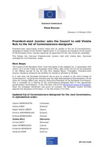 EUROPEAN COMMISSION  PRESS RELEASE Brussels, 14 October[removed]President-elect Juncker asks the Council to add Violeta
