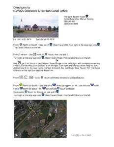 Directions to NJWSA Delaware & Raritan Canal Office 770 Bear Tavern Road Ewing Township, Mercer County[removed][removed]