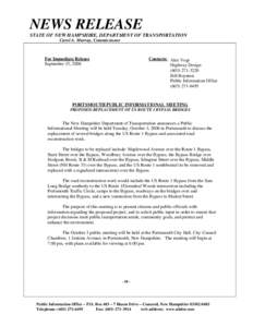 NEWS RELEASE STATE OF NEW HAMPSHIRE, DEPARTMENT OF TRANSPORTATION Carol A. Murray, Commissioner For Immediate Release September 15, 2006