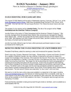 D-OGS Newsletter – January 2014 News & Articles of Interest to Durham-Orange genealogists  PO Box 4703, Chapel Hill, NCdues – $President – Fred Mowry