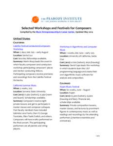 Selected Workshops and Festivals for Composers Compiled by the Music Entrepreneurship & Career Center, Updated May 2014 United States CALIFORNIA Cabrillo Festival Conductors/Composers