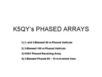 K5QY’s PHASED ARRAYS[removed]and 3-Element 80 m Phased Verticals 2) 2-Element 160 m Phased Verticals 3) K9AY Phased Receiving Array 4) 2-Element Phased 80 – 10 m Inverted Vees