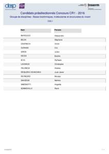 Candidats présélectionnés Concours CR1Groupe de disciplines : Bases biochimiques, moléculaires et structurales du vivant CSS