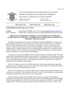 page 1 of 2 STATE OF RHODE ISLAND AND PROVIDENCE PLANTATIONS HISTORICAL PRESERVATION & HERITAGE COMMISSION Old State House 150 Benefit Street Providence, RI[removed]telephone[removed]TTY[removed]