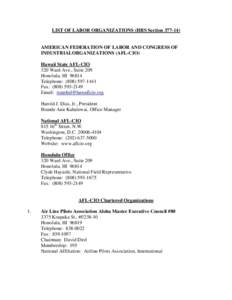 LIST OF LABOR ORGANIZATIONS (HRS Section[removed])