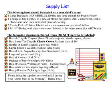 Supply List The following items should be labeled with your child’s name: 1 Large Backpack (NO WHEELS), labeled and large enough for Pocket Folder 1 Change of Old Clothes, in a labeled plastic bag (pants, shirt, 2 unde