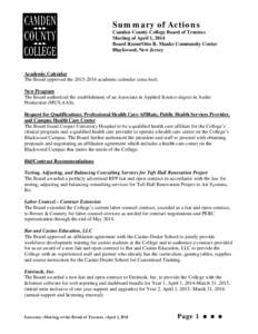 Summary of Actions Camden County College Board of Trustees Meeting of April 1, 2014 Board Room/Otto R. Mauke Community Center Blackwood, New Jersey