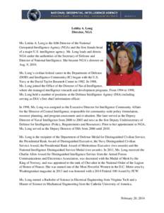 National Geospatial-Intelligence Agency / Springfield /  Virginia / Surveillance / Letitia Long / Defense Intelligence Agency / National Intelligence Distinguished Service Medal / Under Secretary of Defense for Intelligence / Central Intelligence Agency / United States Intelligence Community / United States Department of Defense / United States / Year of birth missing