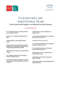 FOOD SECURITY AND AGRICULTURAL TRADE Third E15 Round Table Dialogue on Surveying the Post-Bali Landscape LIST OF PARTICIPANTS H.E. Ambassador John Adank, Permanent Mission of New Zealand to the WTO