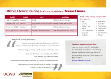 Utilities Literacy Training for Community Workers - Dates a nd Venues DATES PLACE  HOST