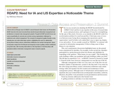 Special Section  COUNTERPOINT RDAP2: Need for IA and LIS Expertise a Noticeable Theme Bulletin of the American Society for Information Science and Technology – June/July 2011 – Volume 37, Number 5