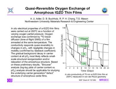 Quasi-Reversible Oxygen Exchange of Amorphous IGZO Thin Films A. U. Adler, D. B. Buchholz, R. P. H. Chang, T.O. Mason Northwestern University Materials Research & Engineering Center In situ electrical properties of a-IGZ