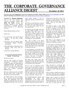 THE CORPORATE GOVERNANCE ALLIANCE DIGEST December 18, 2012 To receive your own complimentary copy of the Corporate Governance Alliance Digest, go to www.thevaluealliance.com and follow the directions or go directly to ht