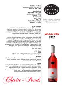 2012 Novello Rosé Sangiovese 95% Pinot Noir 5% Adelaide Hills 100% Wine Analysis Winemaker: Greg Clack Bottled: September 2012