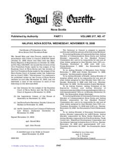 Nova Scotia Published by Authority PART 1  VOLUME 217, NO. 47