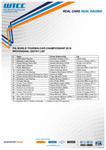    FIA WORLD TOURING CAR CHAMPIONSHIP 2016 PROVISIONAL ENTRY LIST # Team