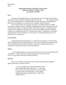 Final[removed]Page 3 Rhode Island Supreme Court Ethics Advisory Panel Opinion No[removed]Request No. 833 Issued October 18, 2001 Facts: