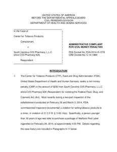 Administrative Complaint For Civil Money Penalties FDA Docket No. FDA-2014-H-0346 CRD Docket No. C[removed]
