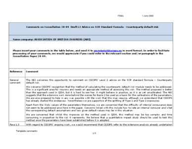 FINAL  1 June 2009 Comments on Consultation[removed]Draft L2 Advice on SCR Standard Formula - Counterparty default risk