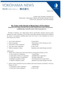 March 4, 2015  Company Name: The Bank of Yokohama, Ltd. Representative: Representative Director and President Tatsumaro Terazawa （Code No.8332，First Section，Tokyo Stock Exchange)