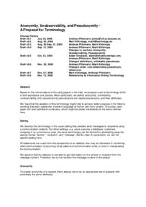 Anonymity, Unobservability, and Pseudonymity – A Proposal for Terminology Change History Draft v0.1 July 28, 2000 Draft v0.2