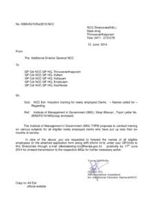 No[removed]A2/III/Est2013/NCC NCC Directorate(K&L) State wing Thiruvananthapuram Tele: [removed] June 2014