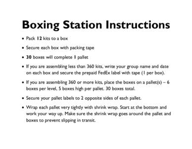 Boxing Station Instructions x Pack 12 kits to a box x Secure each box with packing tape x 30 boxes will complete 1 pallet x If you are assembling less than 360 kits, write your group name and date on each box and secure 