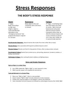 Stress Responses THE BODY’S STRESS RESPONSE Alarm Resistance