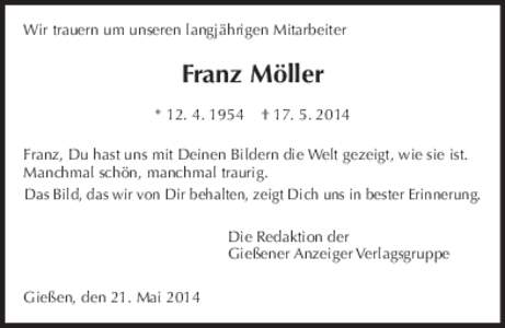 Wir trauern um unseren langjährigen Mitarbeiter  Franz Möller *   † 