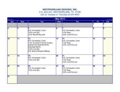 WESTMORELAND SENIORS, INC. P.O. BOX 967, WESTMORELAND, TNCall on Tuesday or Thursday at ~ May 2015 ~  ◄ Apr 2015