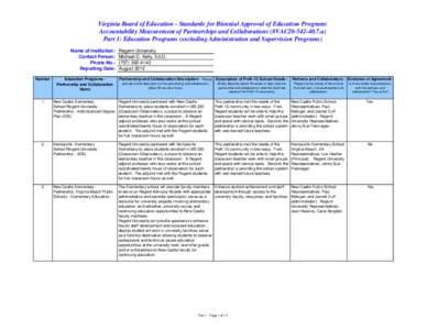 Virginia Board of Education - Standards for Biennial Approval of Education Programs Accountability Measurement of Partnerships and Collaborations (8VAC20[removed]a) Part 1: Education Programs (excluding Administration a