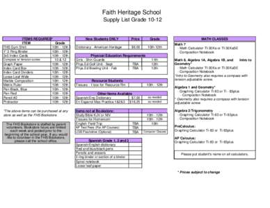 Faith Heritage School Supply List Grade[removed]ITEMS REQUIRED* ITEM Grade