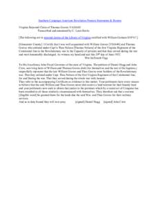 Southern Campaign American Revolution Pension Statements & Rosters Virginia Rejected Claim of Thomas Graves VAS1643 Transcribed and annotated by C. Leon Harris [The following are in rejected claims of the Library of Virg