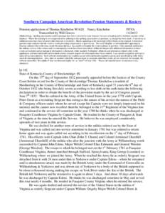 Southern Campaign American Revolution Pension Statements & Rosters Pension application of Thomas Kincheloe W1620 Transcribed by Will Graves Nancy Kincheloe