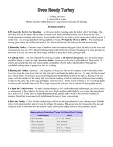 1 Turkey, any size 2 cups broth or water Melted unsalted butter, Baster or Large Spoon (optional, for basting) INSTRUCTIONS 1. Prepare the Turkey for Roasting – A few hours before roasting, take the turkey out of the f
