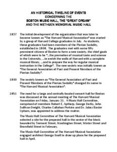 AN HISTORICAL TIMELINE OF EVENTS CONCERNING THE BOSTON MUSIC HALL, HALL, THE 