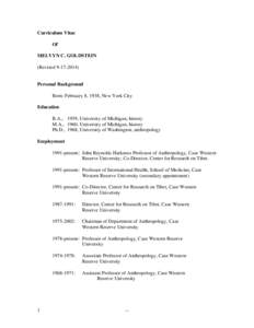 Curriculum Vitae Of MELVYN C. GOLDSTEIN (RevisedPersonal Background