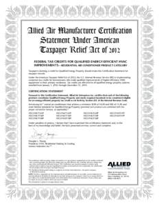 Allied Air Manufacturer Certification Statement Under American Taxpayer Relief Act of 2012