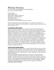 Meeting Summary City of Inman, SC Zoning/Planning Commission Meeting July 2, 2012, 5:00 PM, City Hall Persons Present: Doug Hurlbert, Chair Dennis Staton, Zoning Administrator