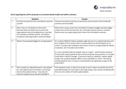 Q & A regarding the call for proposals on innovative Nordic health and welfare solutions Question Can there be partners from non-Nordic countries as well?  Answer