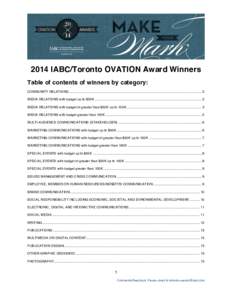 2014 IABC/Toronto OVATION Award Winners Table of contents of winners by category: COMMUNITY RELATIONS ......................................................................................................................