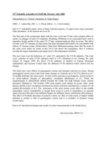 33rd Scientific Assembly of COSPAR, Warsaw, July 2000 Symposium C2.1 “Ozone Variations of Solar Origin” MSO : J. Laštovička, DO : L. L. Hood, Editor : A. A. Krivolutsky Out of 17 scheduled papers (four of them soli