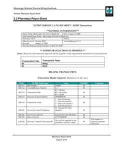 Mississippi Medicaid Provider Billing Handbook Section: Pharmacy Payor Sheet 5.2 Pharmacy Payor Sheet NCPDP VERSION 5.1 PAYER SHEET – B1/B3 Transactions **GENERAL INFORMATION**