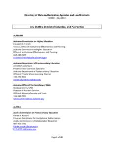 Directory of State Authorization Agencies and Lead Contacts SHEEO – May 2013 U.S. STATES, District of Columbia, and Puerto Rico ALABAMA Alabama Commission on Higher Education