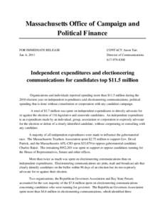 Massachusetts Office of Campaign and Political Finance FOR IMMEDIATE RELEASE Jan. 6, 2011  CONTACT: Jason Tait