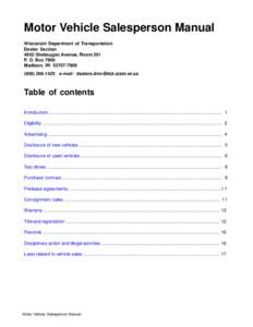 Motor Vehicle Salesperson Manual Wisconsin Department of Transportation Dealer Section 4802 Sheboygan Avenue, Room 201 P. O. Box 7909 Madison, WI[removed]