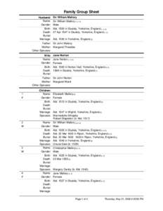 Family Group Sheet Husband: Sir William Mallory Name: Sir William Mallory [1, 2, 4] Gender: Male Birth: Abt[removed]in Studely, Yorkshire, England [1, 2, 3] Death: 27 Apr 1547 in Studely, Yorkshire, England [1, 2]