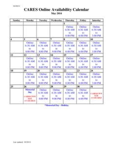 [removed]CARES Online Availability Calendar May 2014 Sunday