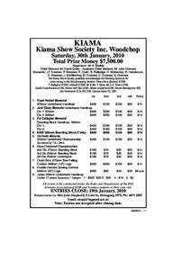 KIAMA  Kiama Show Society Inc. Woodchop Saturday, 30th January, 2010 Total Prize Money $7,Supervisor: Mr K. Mathie