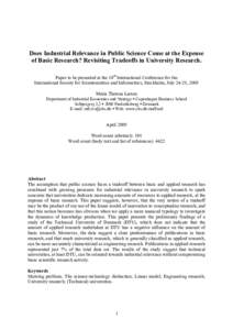 Does Industrial Relevance in Public Science Come at the Expense of Basic Research? Revisiting Tradeoffs in University Research. Paper to be presented at the 10th International Conference for the International Society for